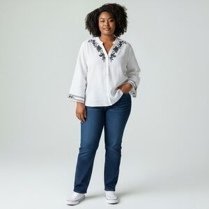 Emma & James Embroidered Linen Blend Button Down Top